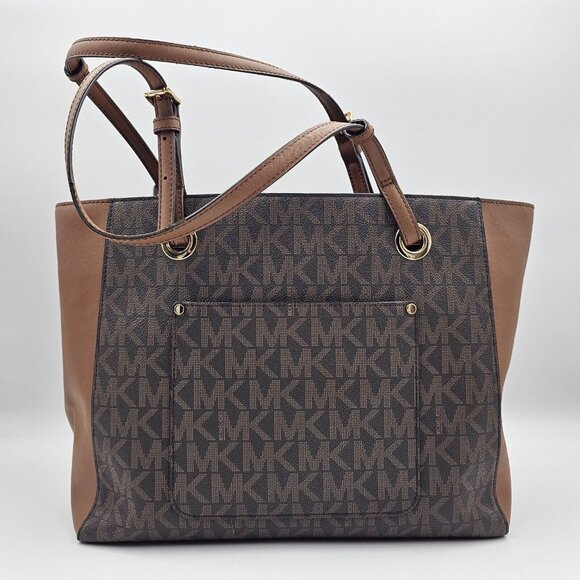 Michael Kors Walsh MK Logo Handbag Tote Purse Brown Tan Gold MSRP $278 - Picture 4 of 16